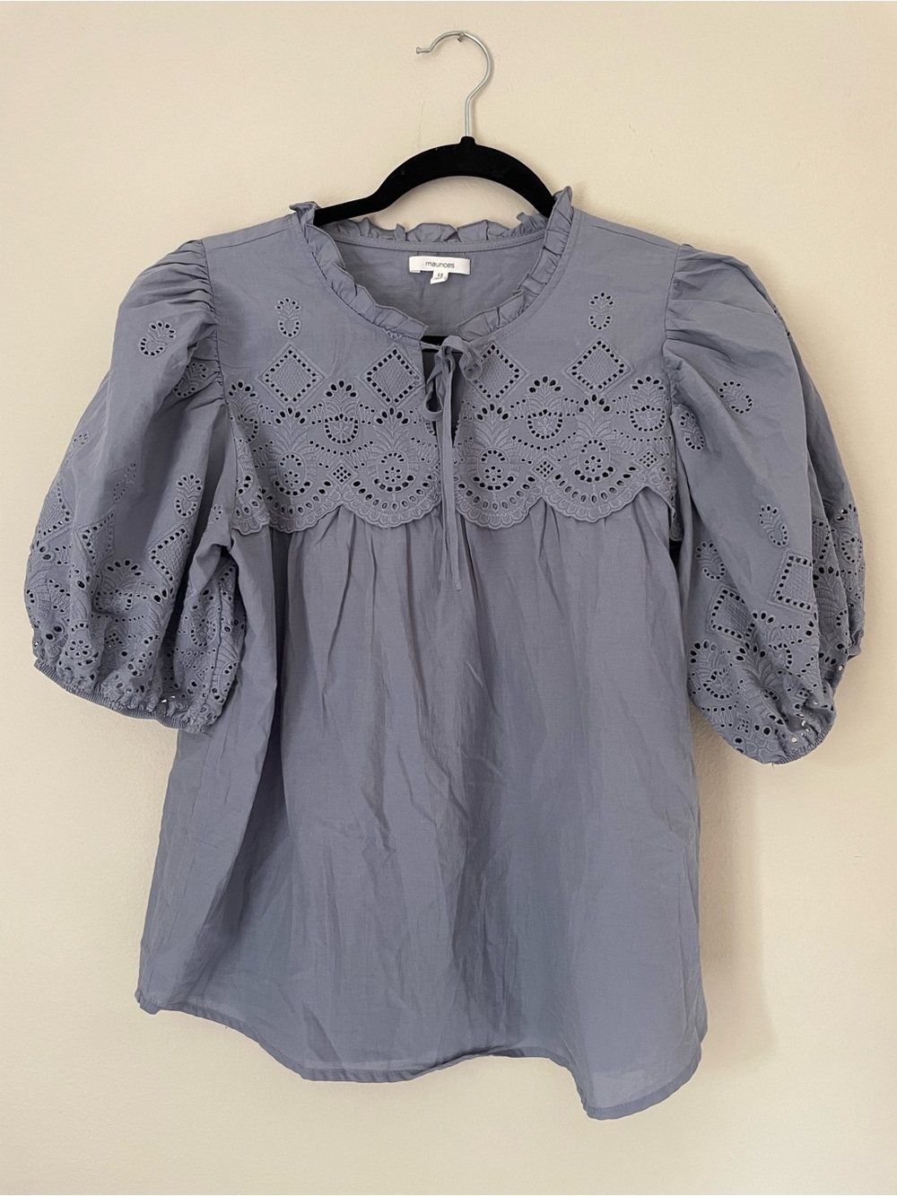 Maurices Lavender Eyelet Puff-Sleeve Blouse Cotton Size M